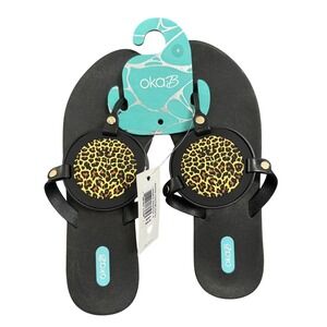 NWT Oka B Solara Leopard Metallic Icon Flip Flops Sandals Black Womens Size 8